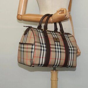 Burberrys Nova Check Boston Bag Canvas Beige Gold Auth
